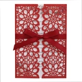 Elegant red glitter laser-cut wedding invitation with satin ribbon and floral inner card - Red