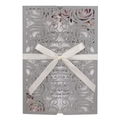 Elegant laser-cut silver wedding invitation with intricate scrollwork and cream satin bow - Outer Shell, Inner Page, Envelope and Ribbon / Silver Grey