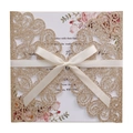 Champagne glitter wedding invitation with laser-cut lace and cream satin ribbon - Glitter Rose Gold