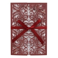 Close-up of laser cut burgundy wedding invitation with elegant satin bow detail - Outer Shell, Inner Page, Envelope and Ribbon / Dark Red