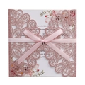 Elegant rose gold glitter laser-cut wedding invitation with pink ribbon and floral insert - Glitter Pink