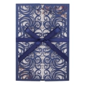 Invito a nozze blu navy tagliato al laser con inserto floreale ed elegante fiocco - Guscio, pagina interna, busta e nastro / Blu navy
