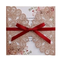 Elegant rose gold laser-cut floral wedding invitation with a burgundy ribbon bow - Glitter Champagne Gold