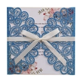 Sparkling blue laser cut wedding invitation with glitter finish and white satin bow - Glitter Royal Blue