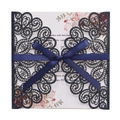 Laser-cut navy blue glitter wedding invitation with satin ribbon and floral insert card - Glitter Dark Blue
