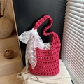 Handcrafted rose pink crochet tote bag with lace bow and internal drawstring lining - Rose Pink