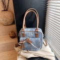 Borsa a mano quadrata in denim blu con manici in pelle marrone e dettaglio fiocco - Blu Denim