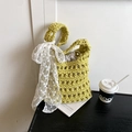 Handmade mustard green crochet hollow knit beach bag with white floral lace ribbon detail - Yellow