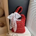 Red crochet hollow-out shoulder bag with a large white lace bow and drawstring liner - Red