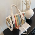 Sac seau tissé coloré avec lanières en cuir blanc et motifs de style bohème - Blanc
