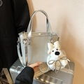 Silberne Pailletten Handtasche mit Metallgriff, Plüsch-Hundeanhänger und Gurt - Silber (Mit Anhänger)