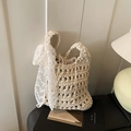 Chic cream crochet tote bag with hollow knit pattern and a sweet white lace bow accent - With Silk Scarf / White