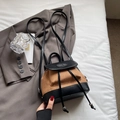 Brown woven and black leather bucket backpack with silver metal logo for women - Black without Pendant