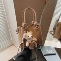 Khaki pebbled leather crossbody bag with a cute plush bear pendant and top handle - Khaki (With Pendant)