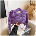 Fashionable purple knit crossbody bag with handmade fringes and woven shoulder strap - Purple
