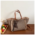 Woven straw shoulder bag in natural wood tone with brown leather straps and ruffle edges - Khaki with Pendant