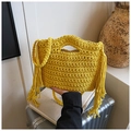 Yellow knit handbag with fringe tassels and woven strap for summer vacation style - Yellow