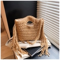 Beige knitted crossbody bag with long fringes and thick woven strap in bohemian style - Khaki