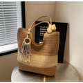 Large striped straw tote bag with colorful ethnic tassels for summer beach vacation - Khaki