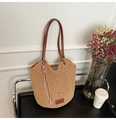 Sac cabas en paille tissé avec anses en cuir marron et pendentif pompon blanc - Kaki
