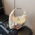 Sac brodé en toile avec motif jacquard de papillon et bandoulière en cuir blanc - Beige