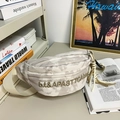 Crossbody chest bag with gray marble pattern and gold embroidered lettering on wide strap - Beige (With Charm)