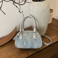 Sac Boston à paillettes bleues avec poignées en similicuir argenté et bandoulière - Argenté