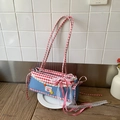 Sac bandoulière rétro en jean avec empiècements à carreaux rouges et nœuds en dentelle - Grille Rouge