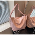 Detail of pink pleated strap shoulder bag with happy vibes embroidery on soft fabric - Pink