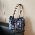 Sac fourre-tout en toile minimaliste à motif floral bleu et anses en corde marron - Bleu foncé