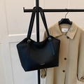 Black lychee leather tote bag with adjustable straps and golden buckles for work - Black without Pendant