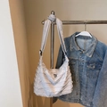 Light blue denim tote bag with layered frayed fringe design and adjustable strap - Style 2 Gray