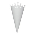 Close-up of a white laser-cut paper cone with elegant crown pattern for wedding confetti - 120g / Ultra White