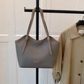 Gray-brown pebbled leather tote bag with gold hardware and slim shoulder straps - Grey Without Pendant