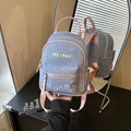 Mini sac à dos en jean bleu avec bretelles roses et broderies d'ours mignons - Rose