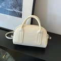 Chic cream white Boston bag in lychee pattern leather with stylish top handles - Off-white Without Pendant