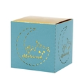 Detailed laser cut crescent moon and Mubarak lettering on dark blue square gift box - 5*5*8CM / Tiffany Blue