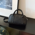 Black litchi grain Boston handbag with dual handles and long shoulder strap - Black without Pendant
