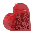 Red heart-shaped laser-cut wedding favor box with floral patterns and a silk ribbon bow - Pearlescent Red