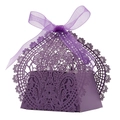 Elegant purple laser-cut lace candy box with silk ribbon for weddings and parties - Dark Purple