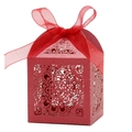 Boîte à bonbons rouge découpée au laser avec motifs floraux et nœud en ruban organza - 5*5*8CM / Rouge Perlé