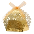 Golden laser-cut hollow gift box with intricate lace pattern and orange organza ribbon - Reflective Gold