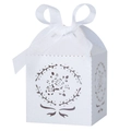 White laser-cut wedding favor box with floral patterns and a decorative silk ribbon bow - 5x5x8CM / White
