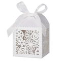Detail of white laser-cut floral candy box with pearlescent finish and ribbon bow - 5*5*8CM / White