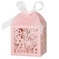 Elegant laser-cut hollow candy box in light pink with white ribbon bow for weddings - 5*5*8CM / Pink