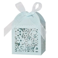 Detail of laser-cut floral pattern on light blue wedding favor box with white ribbon bow - 5*5*8CM / Pearl Pale Blue