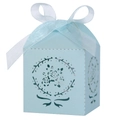 Detail of light blue laser-cut floral favor box with a delicate white ribbon bow - 5x5x8CM / Pearl Pale Blue