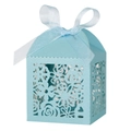 Light blue laser-cut wedding candy box with floral patterns and white ribbon bow - 5*5*8CM / Tiffany Blue
