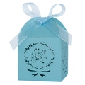 Sky blue laser-cut candy box featuring intricate floral hollow patterns and a white silk bow - 5x5x8CM / Tiffany Blue