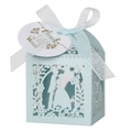 Detail of light blue laser-cut wedding favor box with ribbon and Thank You tag - Pearl Pale Blue